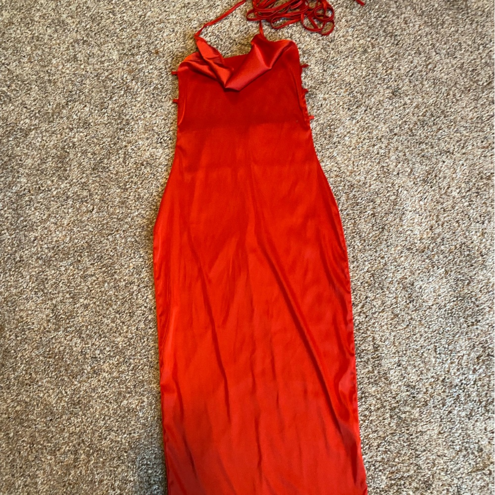 Orange, open back dress